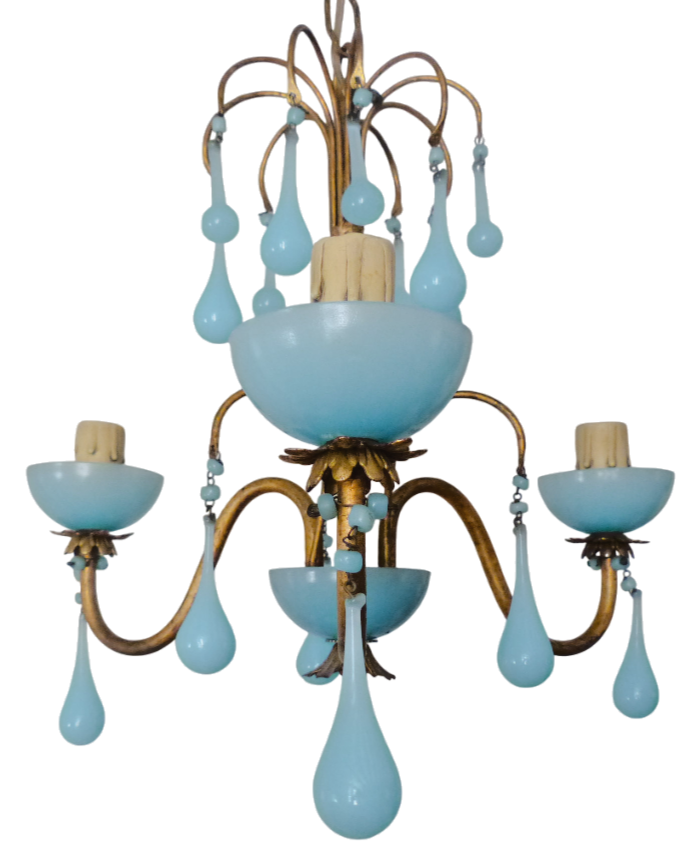 Antique Chandelier Aqua Blue Opaline Drops Cup Beads 1930 MURANO 3 lights RARE