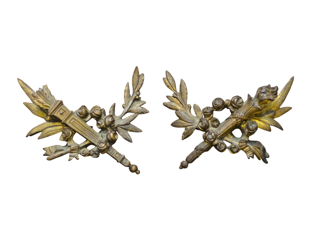 PAIR early 19TH Antique French Gilded Bronze Empire Pediment Hardware Salvage