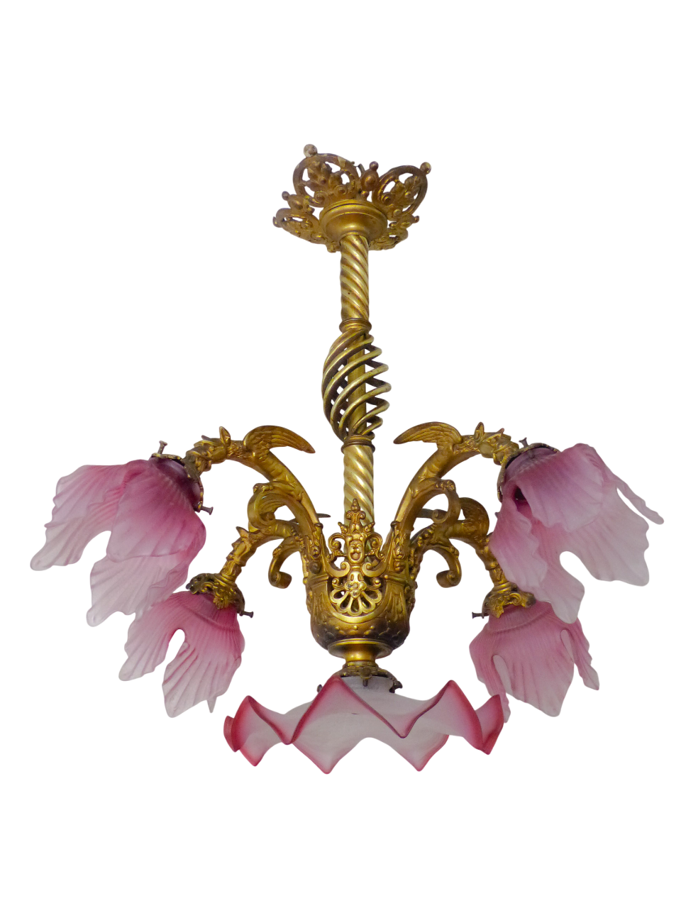 19TH Gorgeous French Gothic Chimera Dragon Gilded Chandelier Antique Pink Shades