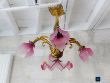 Load image into Gallery viewer, 19TH Gorgeous French Gothic Chimera Dragon Gilded Chandelier Antique Pink Shades
