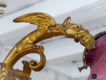 Load image into Gallery viewer, 19TH Gorgeous French Gothic Chimera Dragon Gilded Chandelier Antique Pink Shades
