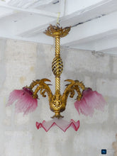 Load image into Gallery viewer, 19TH Gorgeous French Gothic Chimera Dragon Gilded Chandelier Antique Pink Shades
