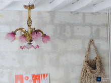 Load image into Gallery viewer, 19TH Gorgeous French Gothic Chimera Dragon Gilded Chandelier Antique Pink Shades

