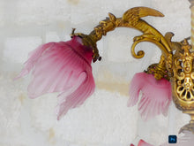 Load image into Gallery viewer, 19TH Gorgeous French Gothic Chimera Dragon Gilded Chandelier Antique Pink Shades
