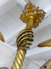 Load image into Gallery viewer, 19TH Gorgeous French Gothic Chimera Dragon Gilded Chandelier Antique Pink Shades
