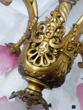 Load image into Gallery viewer, 19TH Gorgeous French Gothic Chimera Dragon Gilded Chandelier Antique Pink Shades
