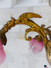 Load image into Gallery viewer, 19TH Gorgeous French Gothic Chimera Dragon Gilded Chandelier Antique Pink Shades
