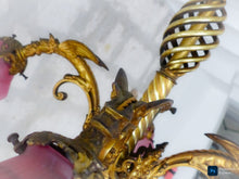 Load image into Gallery viewer, 19TH Gorgeous French Gothic Chimera Dragon Gilded Chandelier Antique Pink Shades
