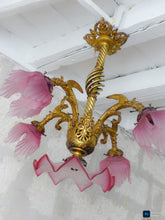 Load image into Gallery viewer, 19TH Gorgeous French Gothic Chimera Dragon Gilded Chandelier Antique Pink Shades
