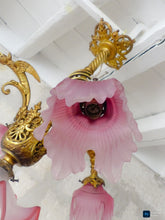 Load image into Gallery viewer, 19TH Gorgeous French Gothic Chimera Dragon Gilded Chandelier Antique Pink Shades

