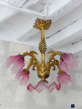 Load image into Gallery viewer, 19TH Gorgeous French Gothic Chimera Dragon Gilded Chandelier Antique Pink Shades
