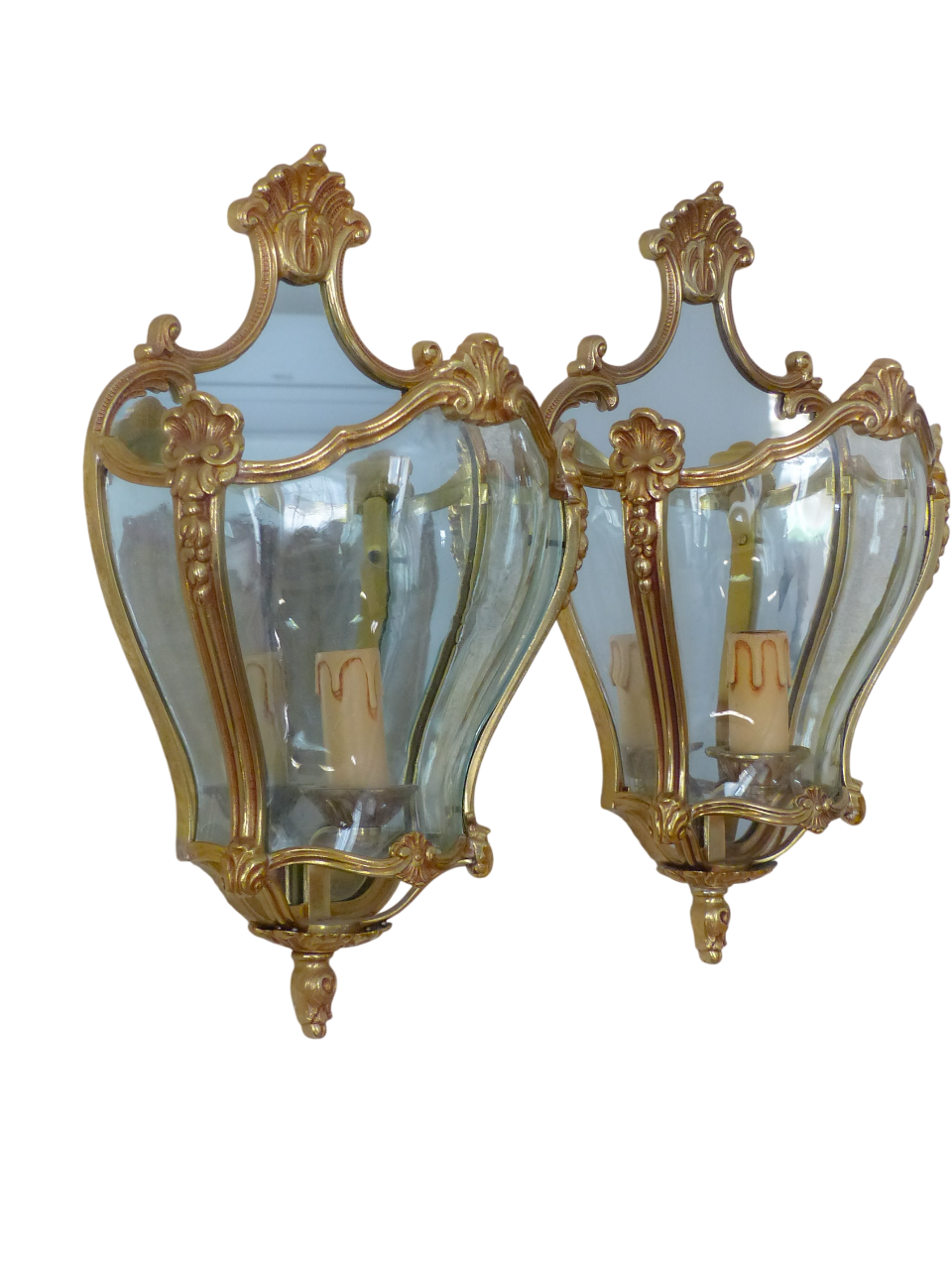 Charming Vintage French Pair Wall Lights Sconces Gilded Bronze Rare Curved Glass