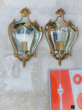 Load image into Gallery viewer, Charming Vintage French Pair Wall Lights Sconces Gilded Bronze Rare Curved Glass
