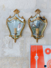 Load image into Gallery viewer, Charming Vintage French Pair Wall Lights Sconces Gilded Bronze Rare Curved Glass
