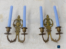 Load image into Gallery viewer, Antique PAIR French Empire Wall Light Sconce Brass Bronze 1900 Face Candlestick
