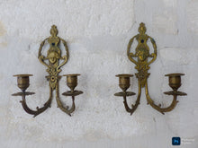 Load image into Gallery viewer, Antique PAIR French Empire Wall Light Sconce Brass Bronze 1900 Face Candlestick
