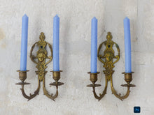 Load image into Gallery viewer, Antique PAIR French Empire Wall Light Sconce Brass Bronze 1900 Face Candlestick
