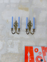 Load image into Gallery viewer, Antique PAIR French Empire Wall Light Sconce Brass Bronze 1900 Face Candlestick
