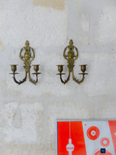 Load image into Gallery viewer, Antique PAIR French Empire Wall Light Sconce Brass Bronze 1900 Face Candlestick

