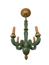 Load image into Gallery viewer, Antique Italian 4 Arms Green Gilded Patina Carved Wood Chandelier Ceiling 1920
