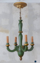 Load image into Gallery viewer, Antique Italian 4 Arms Green Gilded Patina Carved Wood Chandelier Ceiling 1920
