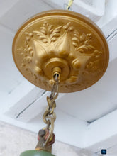 Load image into Gallery viewer, Antique Italian 4 Arms Green Gilded Patina Carved Wood Chandelier Ceiling 1920
