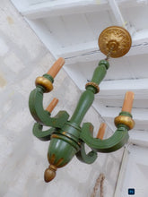 Load image into Gallery viewer, Antique Italian 4 Arms Green Gilded Patina Carved Wood Chandelier Ceiling 1920
