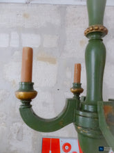 Load image into Gallery viewer, Antique Italian 4 Arms Green Gilded Patina Carved Wood Chandelier Ceiling 1920
