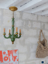 Load image into Gallery viewer, Antique Italian 4 Arms Green Gilded Patina Carved Wood Chandelier Ceiling 1920

