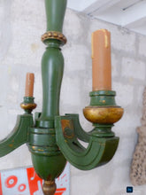 Load image into Gallery viewer, Antique Italian 4 Arms Green Gilded Patina Carved Wood Chandelier Ceiling 1920

