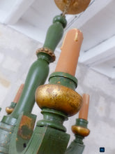 Load image into Gallery viewer, Antique Italian 4 Arms Green Gilded Patina Carved Wood Chandelier Ceiling 1920
