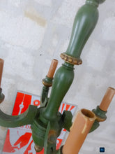 Load image into Gallery viewer, Antique Italian 4 Arms Green Gilded Patina Carved Wood Chandelier Ceiling 1920
