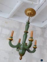Load image into Gallery viewer, Antique Italian 4 Arms Green Gilded Patina Carved Wood Chandelier Ceiling 1920
