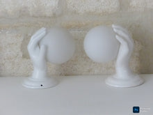 Load image into Gallery viewer, Gorgeous Vintage French Set 2x Wall Lights Ceramic Hand Lamp 1970 Glass Shades
