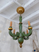 Load image into Gallery viewer, Antique Italian 4 Arms Green Gilded Patina Carved Wood Chandelier Ceiling 1920
