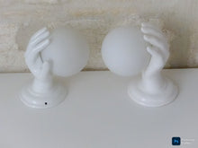 Load image into Gallery viewer, Gorgeous Vintage French Set 2x Wall Lights Ceramic Hand Lamp 1970 Glass Shades
