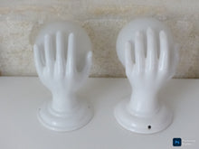Load image into Gallery viewer, Gorgeous Vintage French Set 2x Wall Lights Ceramic Hand Lamp 1970 Glass Shades
