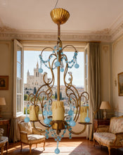 Load image into Gallery viewer, Vintage Chandelier Aqua Blue Drops Opaline Prisms Beads Italian Gilded 1940
