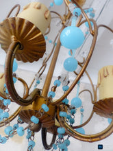 Load image into Gallery viewer, Vintage Chandelier Aqua Blue Drops Opaline Prisms Beads Italian Gilded 1940
