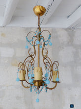 Load image into Gallery viewer, Vintage Chandelier Aqua Blue Drops Opaline Prisms Beads Italian Gilded 1940
