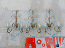 Load image into Gallery viewer, MURANO 1930 Antique Set 3x Wall Light Aqua Blue Opaline Drops Cup Bead Ceiling

