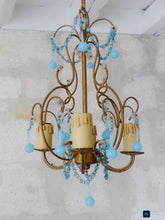 Load image into Gallery viewer, Vintage Chandelier Aqua Blue Drops Opaline Prisms Beads Italian Gilded 1940
