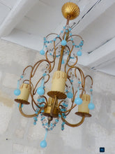 Load image into Gallery viewer, Vintage Chandelier Aqua Blue Drops Opaline Prisms Beads Italian Gilded 1940

