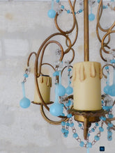 Load image into Gallery viewer, Vintage Chandelier Aqua Blue Drops Opaline Prisms Beads Italian Gilded 1940
