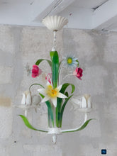Load image into Gallery viewer, 60's Charming Florentine Chandelier Enameled Metal Tole Flowers Italian Ceiling3
