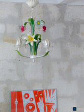 Load image into Gallery viewer, 60's Charming Florentine Chandelier Enameled Metal Tole Flowers Italian Ceiling3

