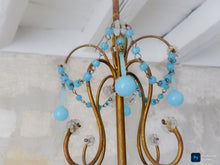 Load image into Gallery viewer, Vintage Chandelier Aqua Blue Drops Opaline Prisms Beads Italian Gilded 1940
