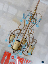 Load image into Gallery viewer, Vintage Chandelier Aqua Blue Drops Opaline Prisms Beads Italian Gilded 1940

