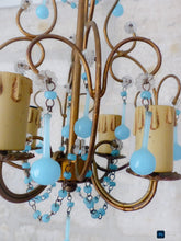 Load image into Gallery viewer, Vintage Chandelier Aqua Blue Drops Opaline Prisms Beads Italian Gilded 1940

