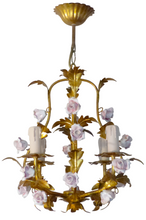 Load image into Gallery viewer, Charming Gilt Vintage Italian Chandelier Toleware Porcelain Flowers Foliage Rose
